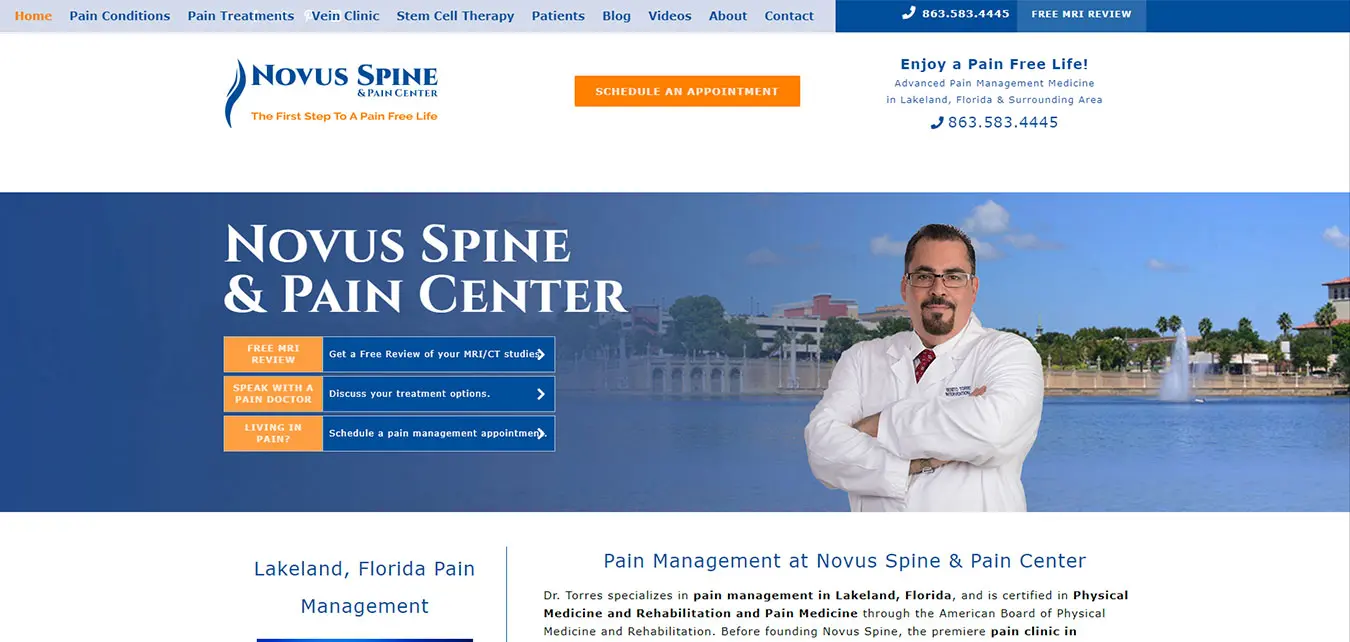NovusSpineCenter.com screenshot, pain doctor in Lakeland, FL